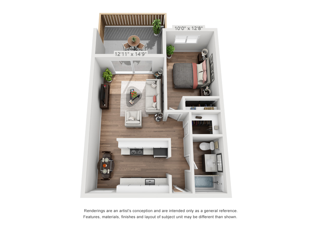 Floor plan for 1 bed, 1 bath, 630 sqft